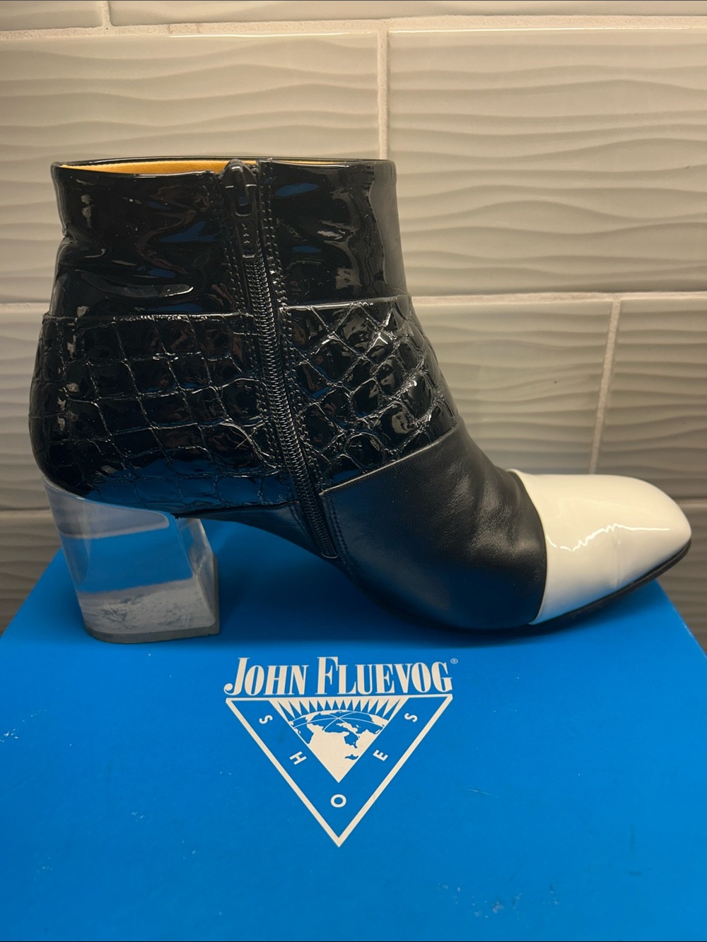 John Fluevog Black & White Patent Leather Ankle Boot with Clear Block Heel